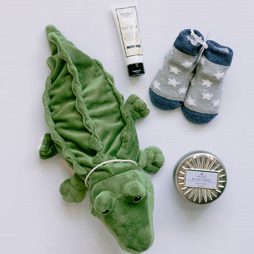 Alligator Warmies, baby boy socks, Mom gift candle and lotion, new baby gift, baby boy shower