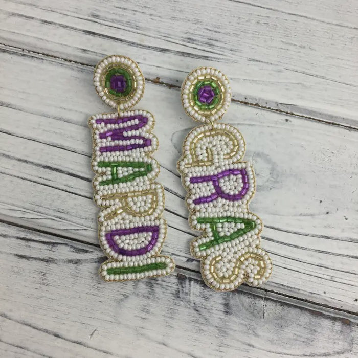 Mardi Gras Beaded Word Earring
