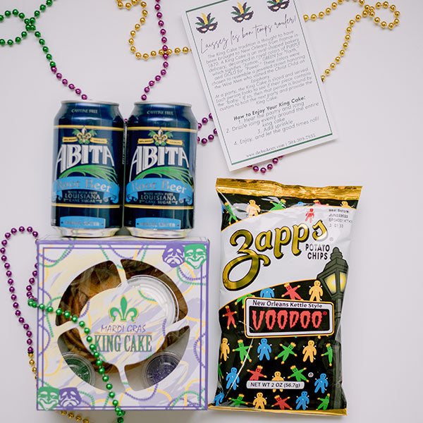 New Orleans Zapp's chips, mini king cake, and Abita Root Beer for two