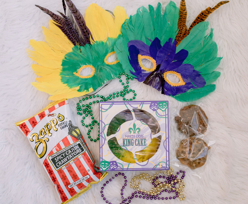 The Basketry Mardi Gras masks and beads, mini king cake, Zapp's chips, and pralines for Mardi Gras party
