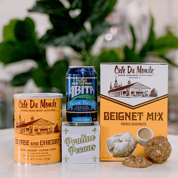 Cafe du Monde coffee and beignet mix with Abita root beer and praline pecans, New Orleans snacks gift box
