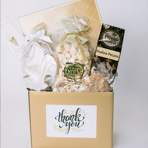 Delicious mix of pralines, cookies, pecans, popcorn, cheese and crackers thank you gift basket