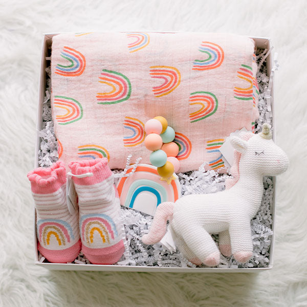 Unicorn stuffy, rainbow muslin swaddle, rainbow socks and teether set baby girl gift baby shower gift box