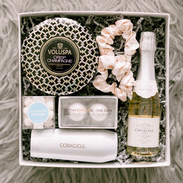 Champagne themed gift box The Basketry candle cocktails