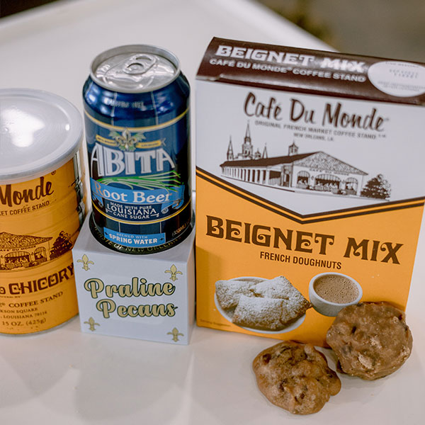 Cafe du Monde beignets and coffee, Abita root beer and pralines, New Orleans gift box