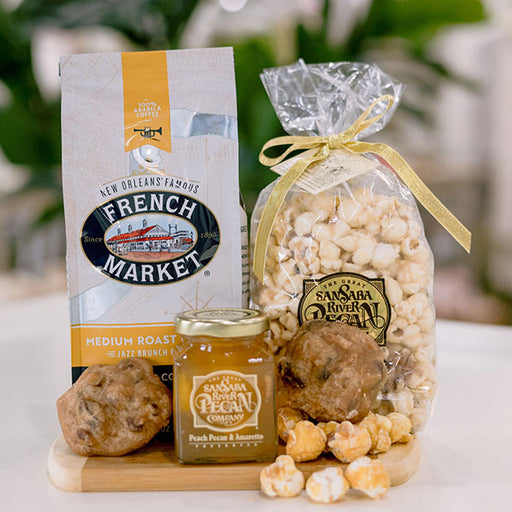 French Market coffee, pepper jelly, popcorn and New Orleans pralines NOLA snack gift basket