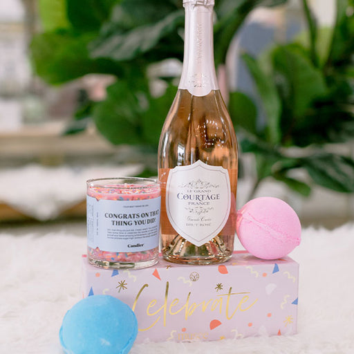 Rose Champagne, Congrats sprinkle candle, and Musee bath bombs, congrats gift