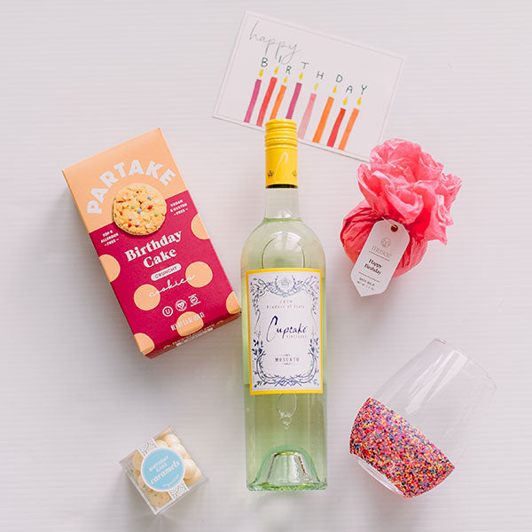 Cupcake Moscato, sprinkle confetti wine glass, snacks, and Musee bath bomb happy birthday gift for her