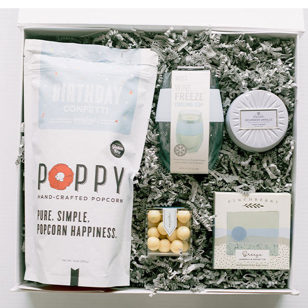 Wine freeze glass, snacks, Voluspa, and Finchberry soap gift box woman