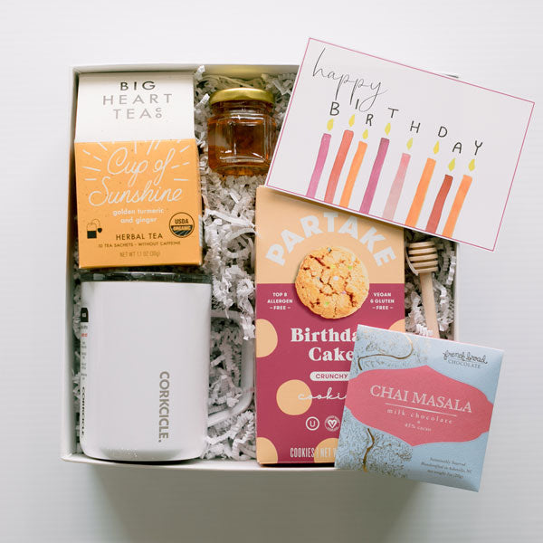 Tea, Corkcicle mug and snacks female employee birthday gift box