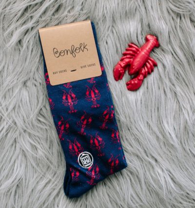 Crawfish Bonfolk socks and crawfish-shaped chocolate Louisiana gift box client gift
