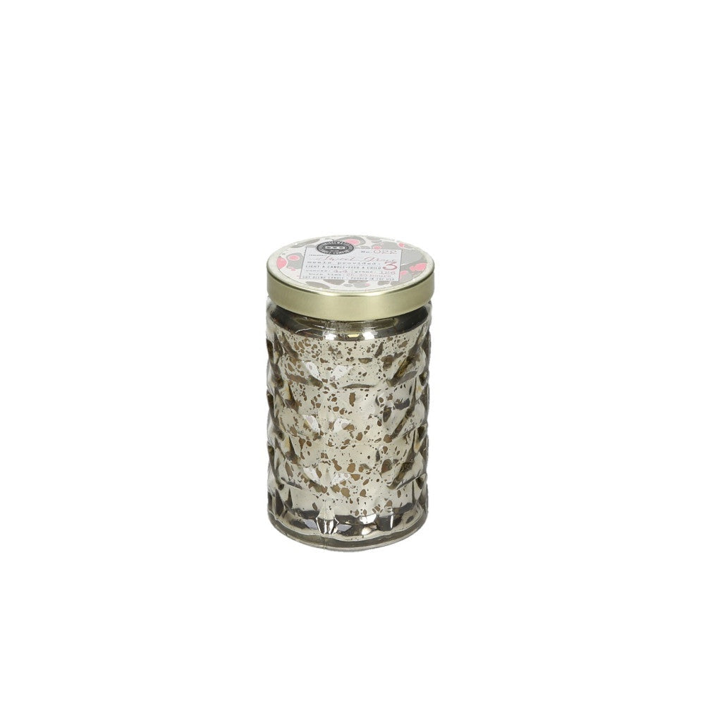 Bridgewater Candle Company Sweet Grace mercury glass jar candle centered on a white background featuring a faceted geometric texture with a mottled silver finish and a gold metal lid with a pink floral label