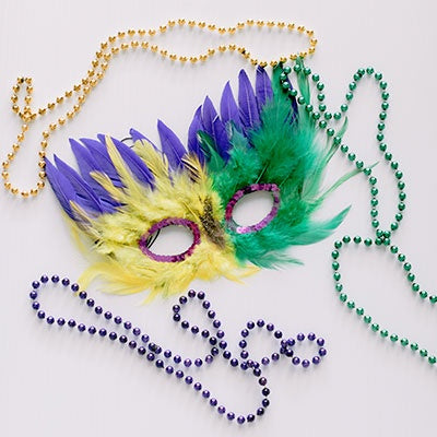 Mardi Gras Feather Mask & Beads