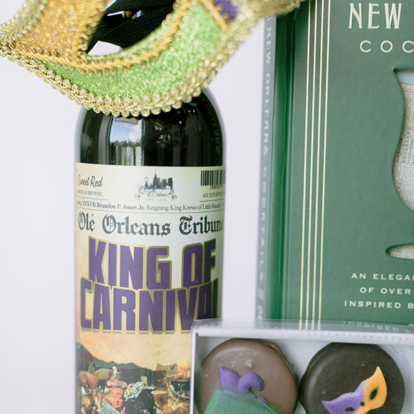 Wine gift basket with Mardi Gras snacks