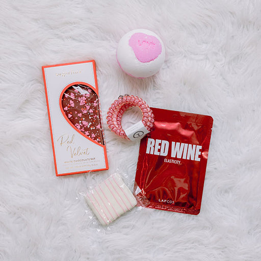 Red velvet candy bar, Teleties, Musee bath bomb, Red Wine face mask and snacks, Valentine gift box for her