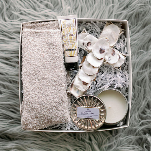 Relaxation gift basket, sympathy gift, Oyster cross ornament, candle, lotion, and fuzzy socks