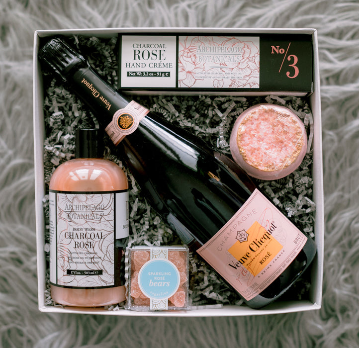 Veuve Cliquot Rose Champagne with rose Archipelago bath products Valentine's Day gift box