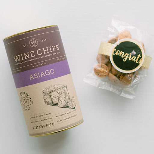 Wine chips and  Nam's Bits chocolate chip cookies to say Congrats gift box
