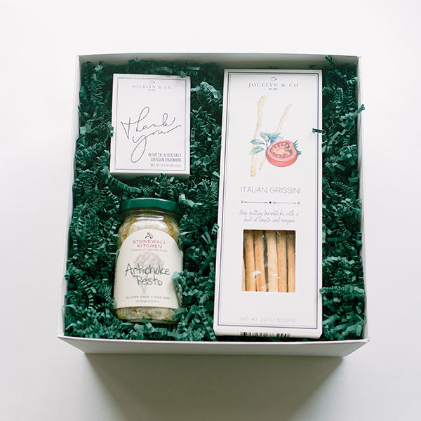 Small thank you gift Italian breadsticks and artichoke and pesto dip gift box