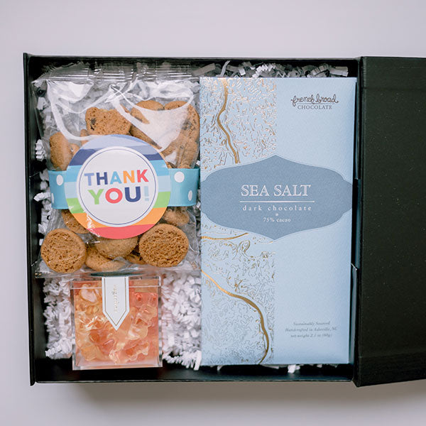 Cookies, chocolate bar, and champagne bears thank you gift box