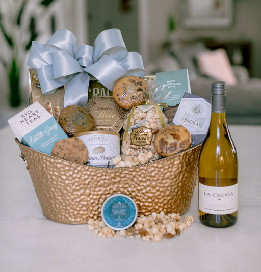Sympathy food basket with wine pairing, gift basket