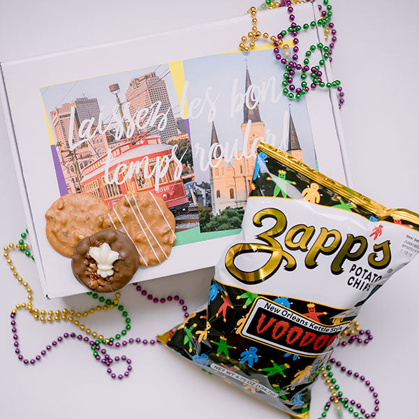 New Orleans snacks Zapp's VooDoo chips, Pralines, Chocolate turtles, gift box