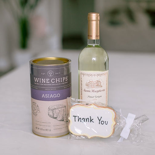 Santa Margherita Pinot Grigio paired with cheesy wine chips and a Thank You cookie, gift basket