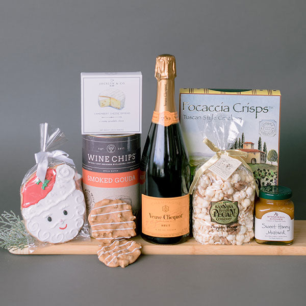 Veuve Cliquot and snacks and Christmas cookie gift basket