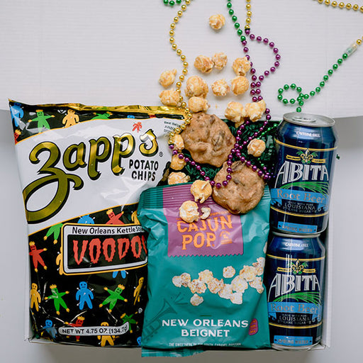 New Orleans snacks gift box Abita root beer Cajun Pop Zapps hotel welcome box