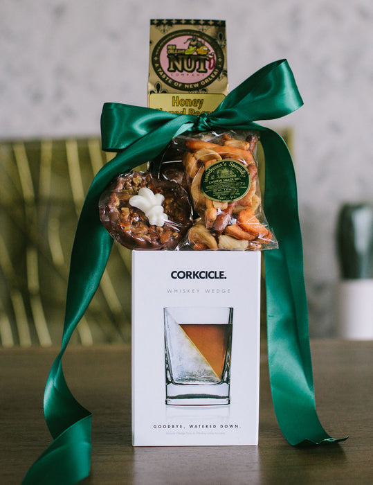 Corkcicle Whiskey Wedge glass with sweet and salty snacks, mens gift basket, Fathers Day gift